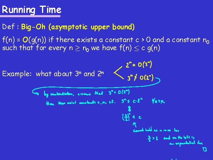 Running Time Def : Big-Oh (asymptotic upper bound) f(n) = O(g(n)) if there exists