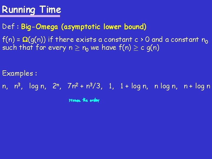 Running Time Def : Big-Omega (asymptotic lower bound) f(n) = (g(n)) if there exists