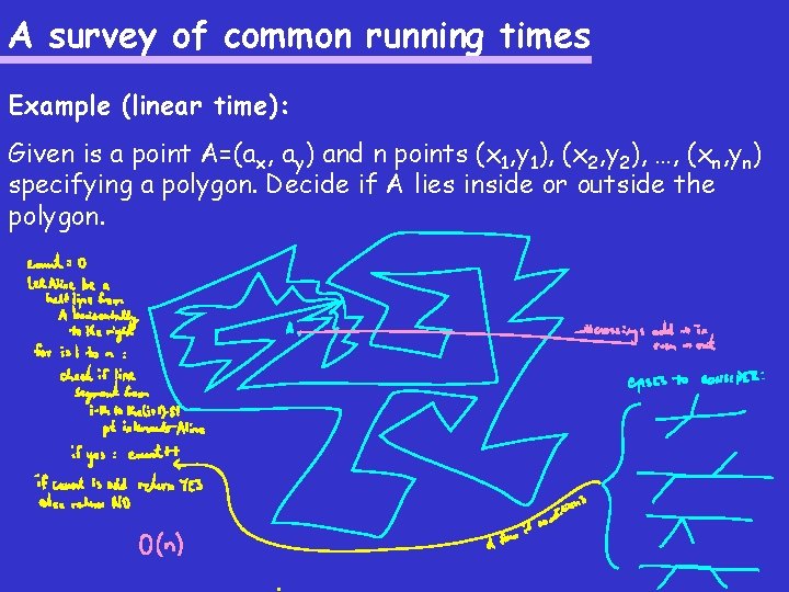 A survey of common running times Example (linear time): Given is a point A=(ax,