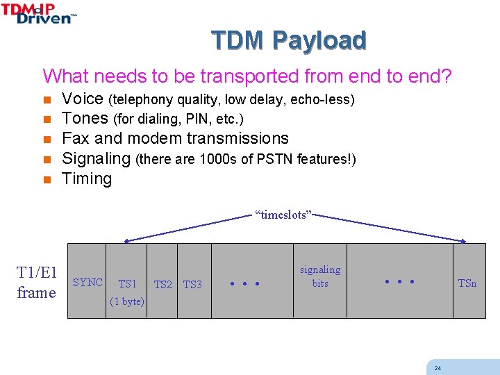 TDM Payload What needs to be transported from end to end? n n n