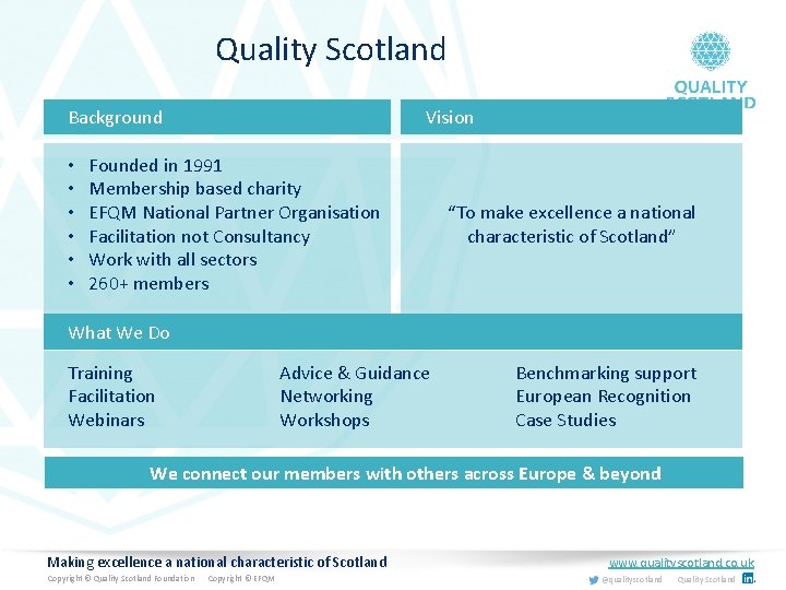 Quality Scotland Background • • • Vision Founded in 1991 Membership based charity EFQM