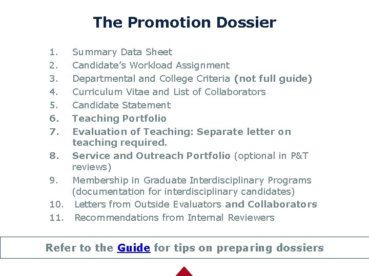 The Promotion Dossier 1. 2. 3. 4. 5. 6. 7. Summary Data Sheet Candidate’s