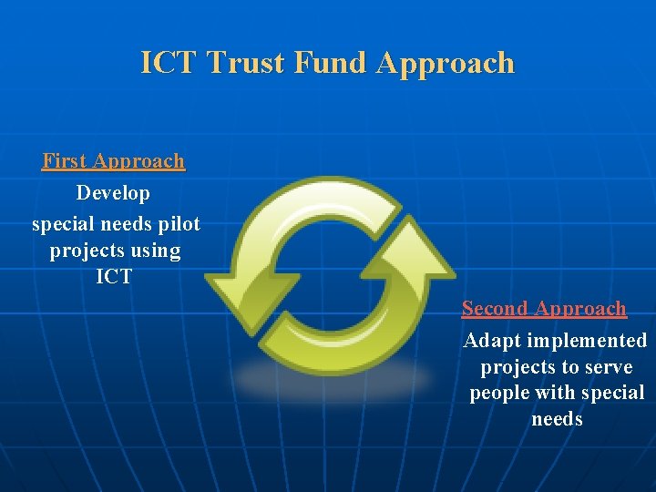 ICT Trust Fund Approach First Approach Develop special needs pilot projects using ICT Second