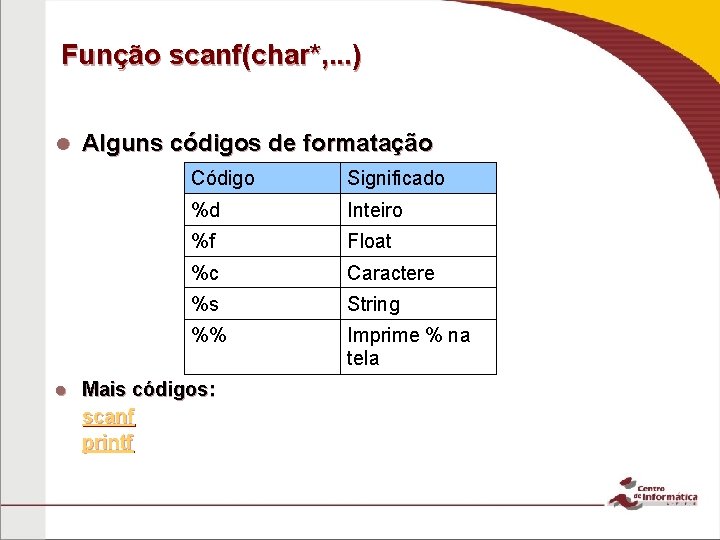 Função scanf(char*, . . . ) Alguns códigos de formatação Código Significado %d Inteiro