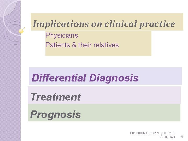 Implications on clinical practice Physicians Patients & their relatives Differential Diagnosis Treatment Prognosis Personality