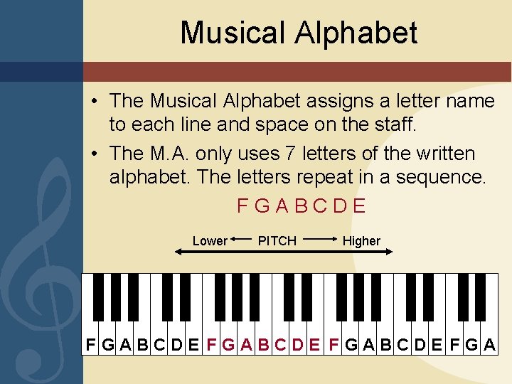 Musical Alphabet • The Musical Alphabet assigns a letter name to each line and