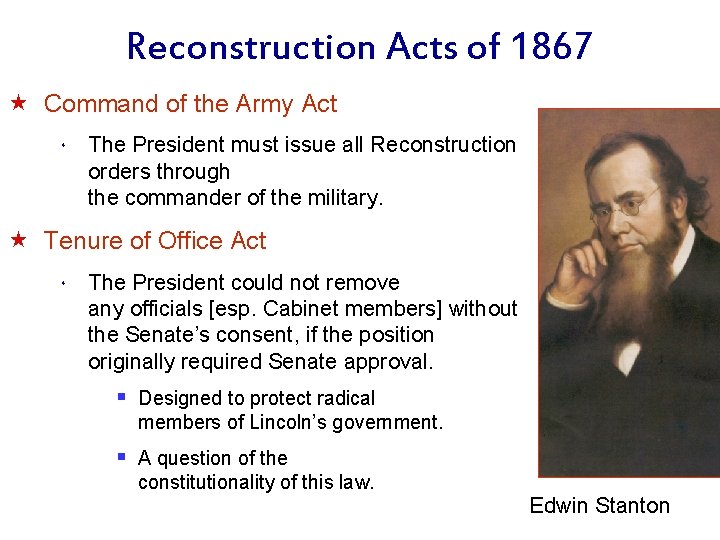 Reconstruction Acts of 1867 « Command of the Army Act * The President must