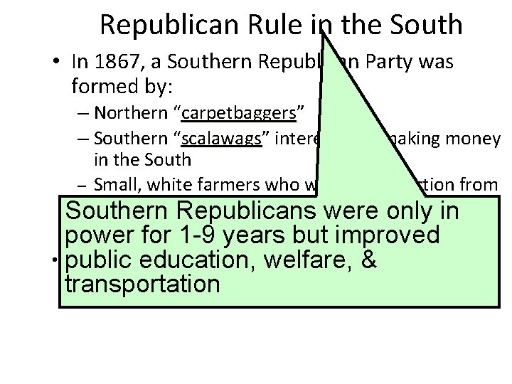 Republican Rule in the South • In 1867, a Southern Republican Party was formed