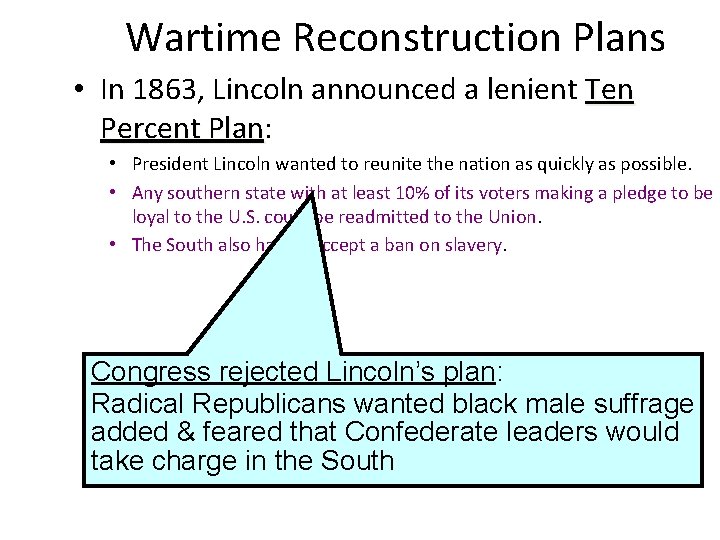 Wartime Reconstruction Plans • In 1863, Lincoln announced a lenient Ten Percent Plan: Plan