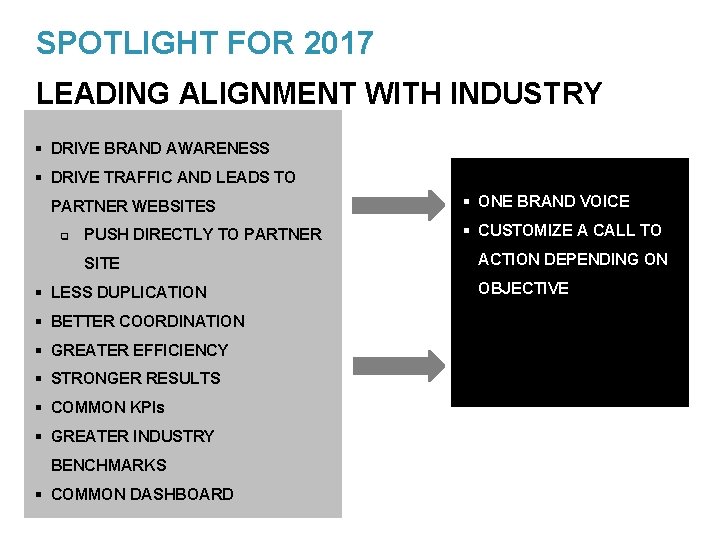 SPOTLIGHT FOR 2017 LEADING ALIGNMENT WITH INDUSTRY § DRIVE BRAND AWARENESS § DRIVE TRAFFIC