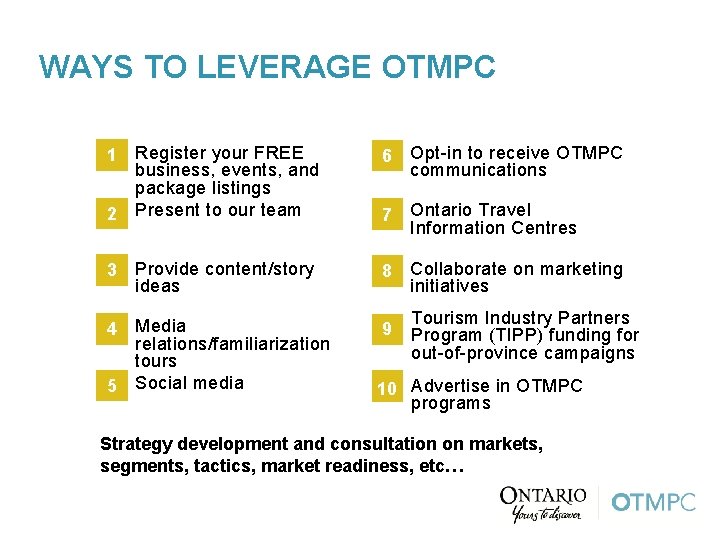 WAYS TO LEVERAGE OTMPC Register your FREE business, events, and package listings Present to