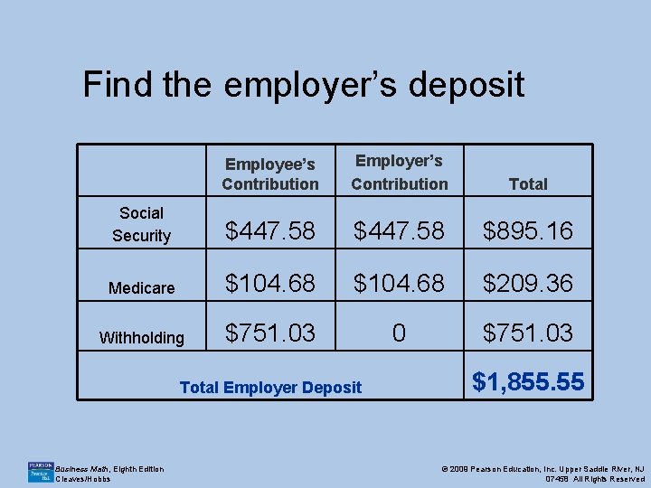 Find the employer’s deposit Employee’s Contribution Employer’s Contribution Total Social Security $447. 58 $895.