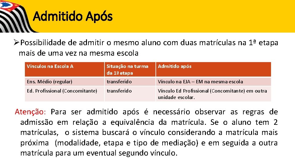 Admitido Após ØPossibilidade de admitir o mesmo aluno com duas matrículas na 1ª etapa