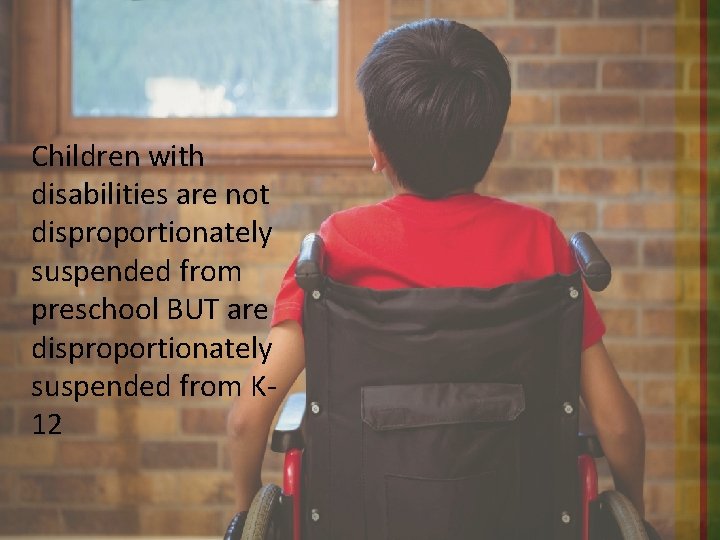 Children with disabilities are not disproportionately suspended from preschool BUT are disproportionately suspended from