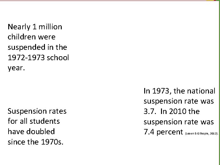 Nearly 1 million children were suspended in the 1972 -1973 school year. Suspension rates