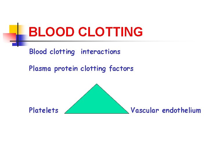 BLOOD CLOTTING Blood clotting interactions Plasma protein clotting factors Platelets Vascular endothelium 