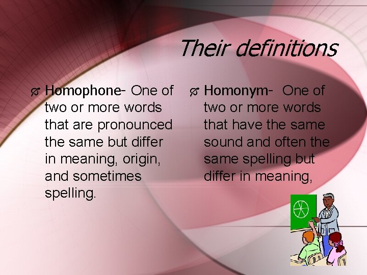 Their definitions Homophone- One of two or more words that are pronounced the same