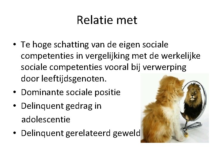 Relatie met • Te hoge schatting van de eigen sociale competenties in vergelijking met