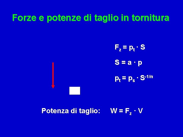 Forze e potenze di taglio in tornitura Fz = p t · S S=a·p