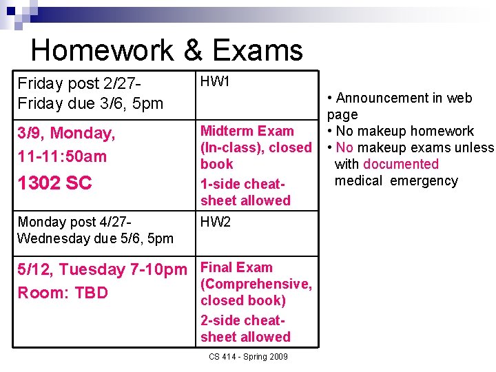 Homework & Exams Friday post 2/27 Friday due 3/6, 5 pm HW 1 3/9,