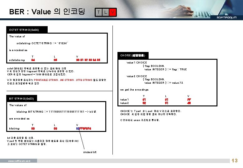 BER : Value 의 인코딩 T L V OCTET STRING (0 x 04) The