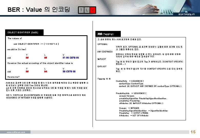 BER : Value 의 인코딩 T L OBJECT IDENTIFIER (0 x 06) V 기타