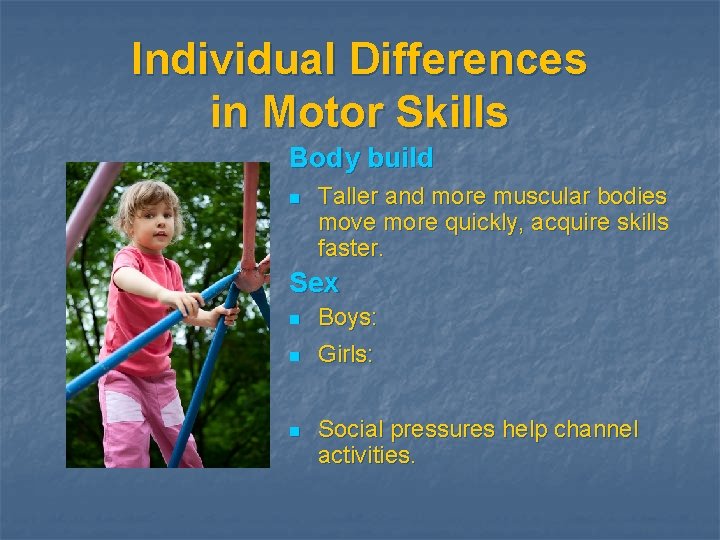 Individual Differences in Motor Skills Body build n Taller and more muscular bodies move
