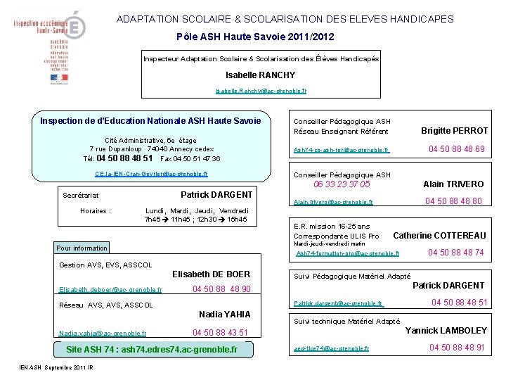 ADAPTATION SCOLAIRE & SCOLARISATION DES ELEVES HANDICAPES Pôle ASH Haute Savoie 2011/2012 Inspecteur Adaptation