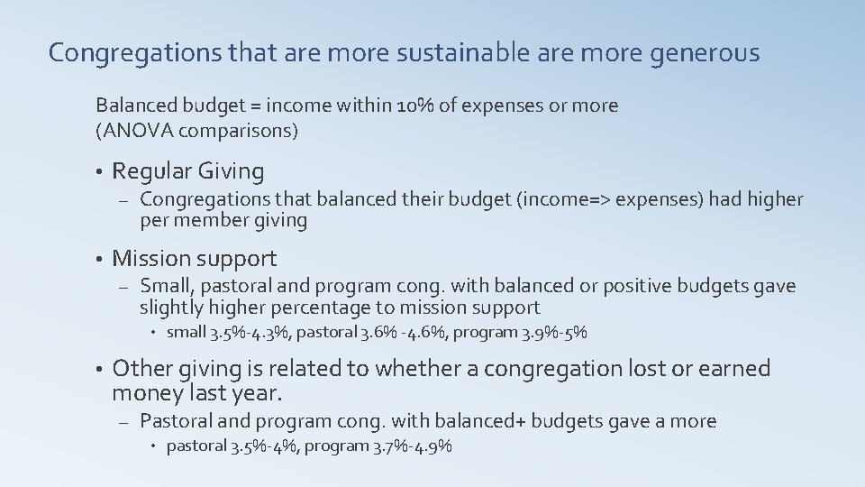 Congregations that are more sustainable are more generous Balanced budget = income within 10%