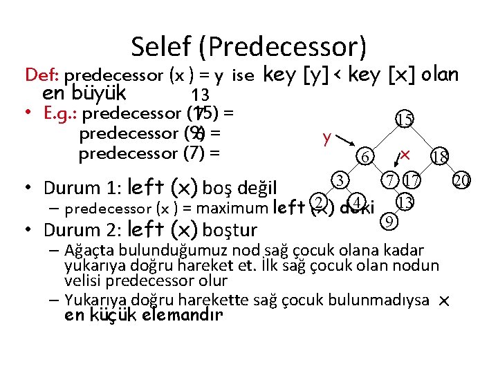 Selef (Predecessor) Def: predecessor (x ) = y ise key [y] < key [x]