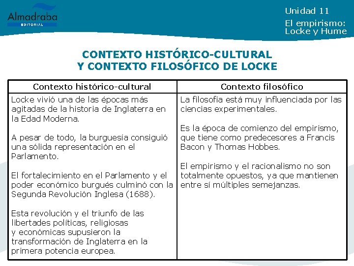 Unidad 11 El empirismo: Locke y Hume CONTEXTO HISTÓRICO-CULTURAL Y CONTEXTO FILOSÓFICO DE LOCKE