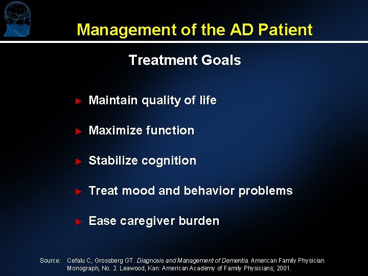 Management of the AD Patient Treatment Goals Source: ► Maintain quality of life ►