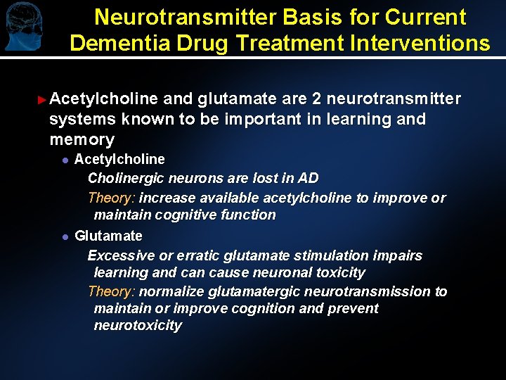 Neurotransmitter Basis for Current Dementia Drug Treatment Interventions ► Acetylcholine and glutamate are 2