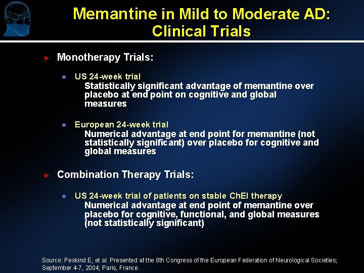 Memantine in Mild to Moderate AD: Clinical Trials ► ► Monotherapy Trials: l US Memantine in Mild to Moderate AD: Clinical Trials ► ► Monotherapy Trials: l US