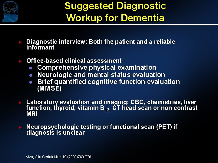 Suggested Diagnostic Workup for Dementia ► Diagnostic interview: Both the patient and a reliable