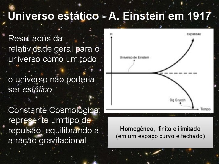 Universo estático - A. Einstein em 1917 Resultados da relatividade geral para o universo