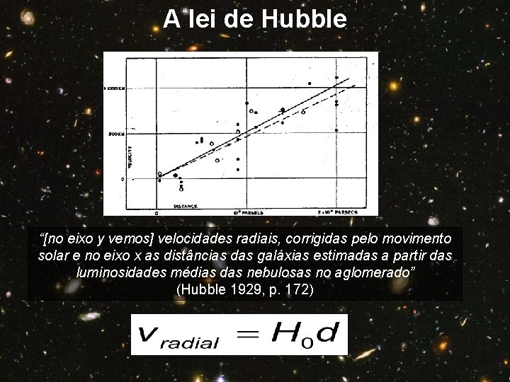 A lei de Hubble “[no eixo y vemos] velocidades radiais, corrigidas pelo movimento solar