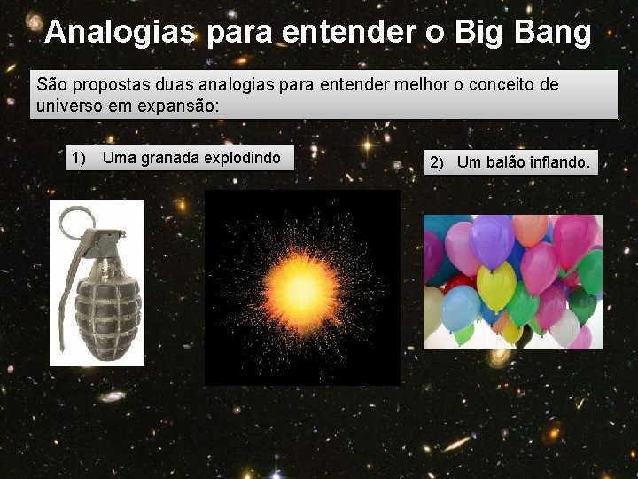 Analogias para entender o Big Bang São propostas duas analogias para entender melhor o