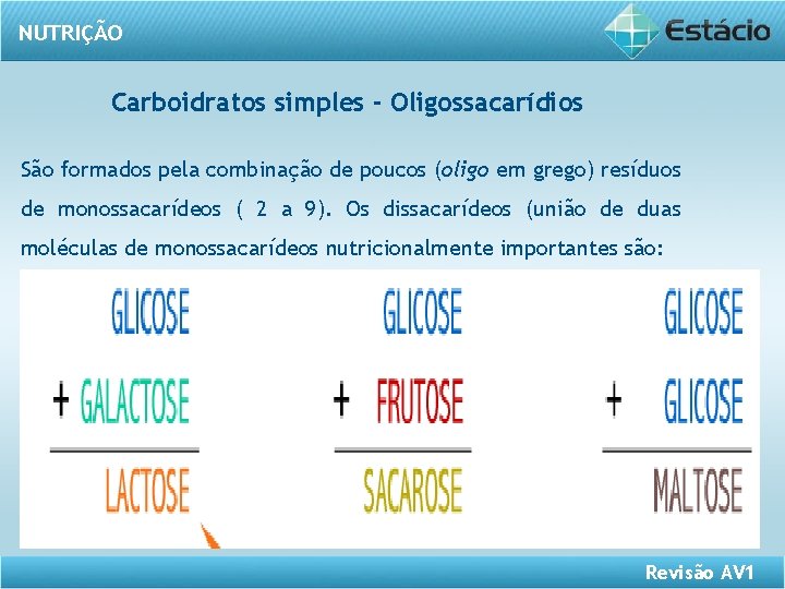 NUTRIÇÃO Carboidratos simples - Oligossacarídios São formados pela combinação de poucos (oligo em grego)