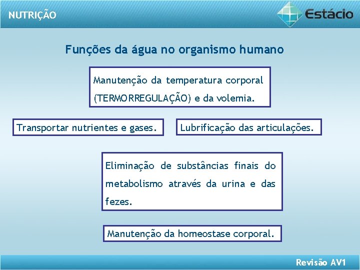 NUTRIÇÃO Funções da água no organismo humano Manutenção da temperatura corporal (TERMORREGULAÇÃO) e da