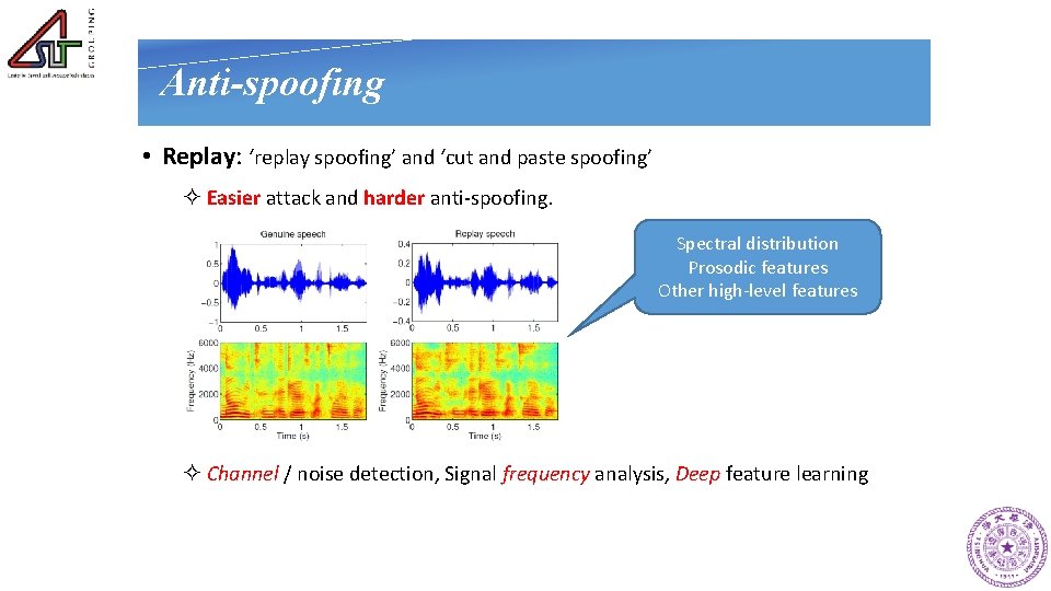 Anti-spoofing • Replay: ‘replay spoofing’ and ‘cut and paste spoofing’ ² Easier attack and