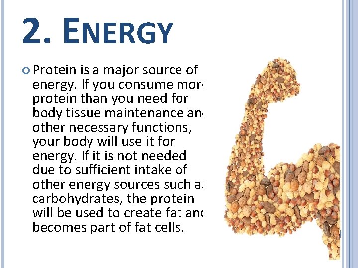 2. ENERGY Protein is a major source of energy. If you consume more protein