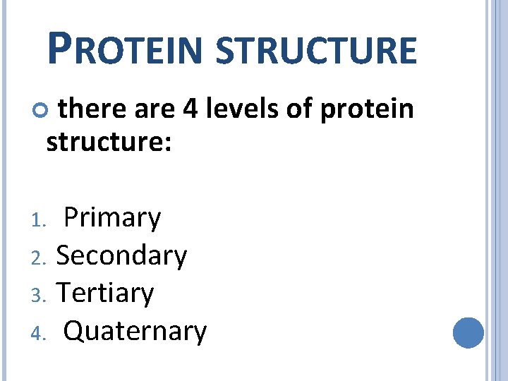 PROTEIN STRUCTURE there are 4 levels of protein structure: Primary 2. Secondary 3. Tertiary