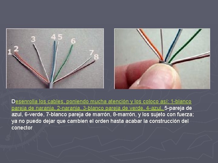 Desenrolla los cables, poniendo mucha atención y los coloco así: 1 -blanco pareja de Desenrolla los cables, poniendo mucha atención y los coloco así: 1 -blanco pareja de