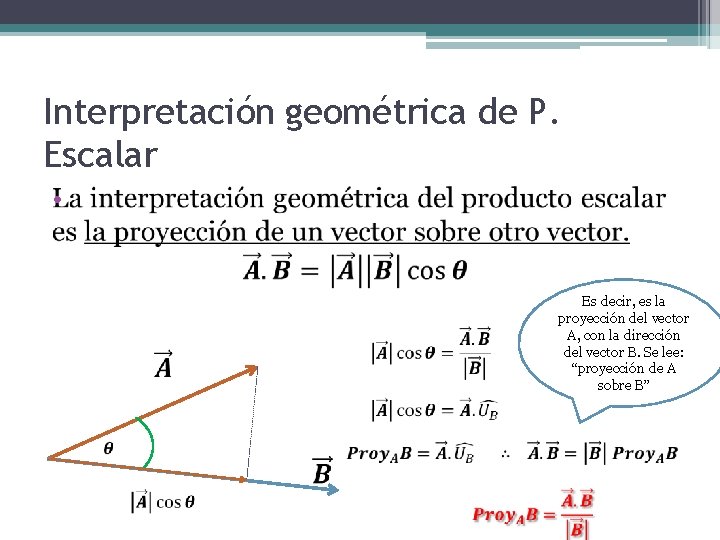 Interpretación geométrica de P. Escalar • Es decir, es la proyección del vector A,