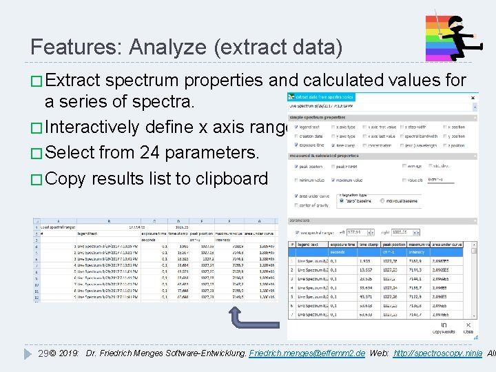 Features: Analyze (extract data) � Extract spectrum properties and calculated values for a series