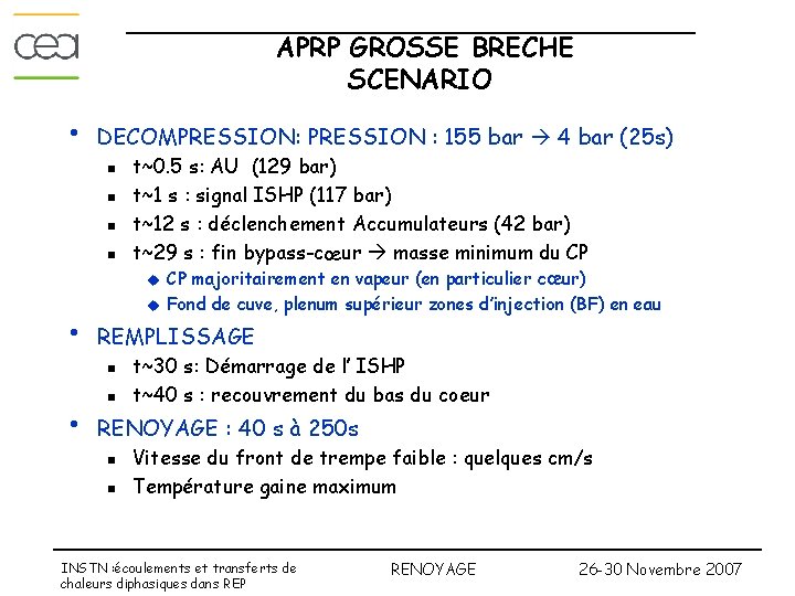 APRP GROSSE BRECHE SCENARIO • DECOMPRESSION: PRESSION : 155 bar 4 bar (25 s)