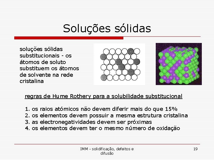 Soluções sólidas substitucionais - os átomos de soluto substituem os átomos de solvente na Soluções sólidas substitucionais - os átomos de soluto substituem os átomos de solvente na