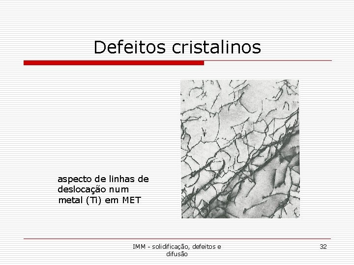 Defeitos cristalinos aspecto de linhas de deslocação num metal (Ti) em MET IMM - Defeitos cristalinos aspecto de linhas de deslocação num metal (Ti) em MET IMM -