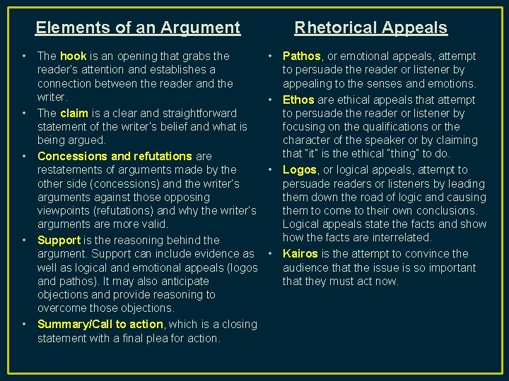 Elements of an Argument • The hook is an opening that grabs the reader’s